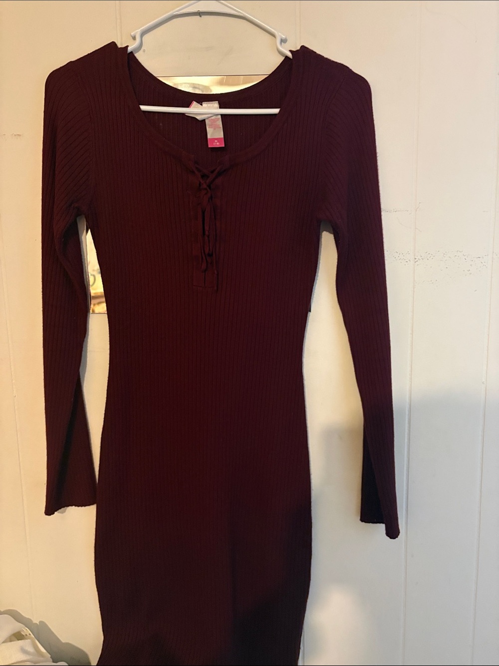No Boundaries Long Sleeve Ribbed Lace-Up Bodycon Dress - Burgundy